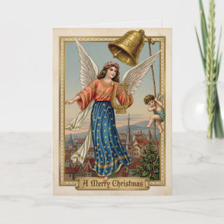 Cartão Anjo de Natal Sino Dourado Harpa Antiga