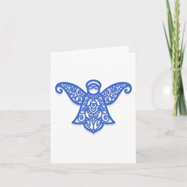 Cartão Anjo de Silhueta de Renda Azul Ornamentada (Criador carregado)