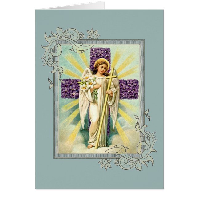 Cartão Anjo do vintage com cruz roxa (Frente)