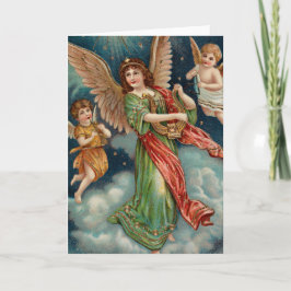 Cartão Anjo do vintage com harpa e dois querubins