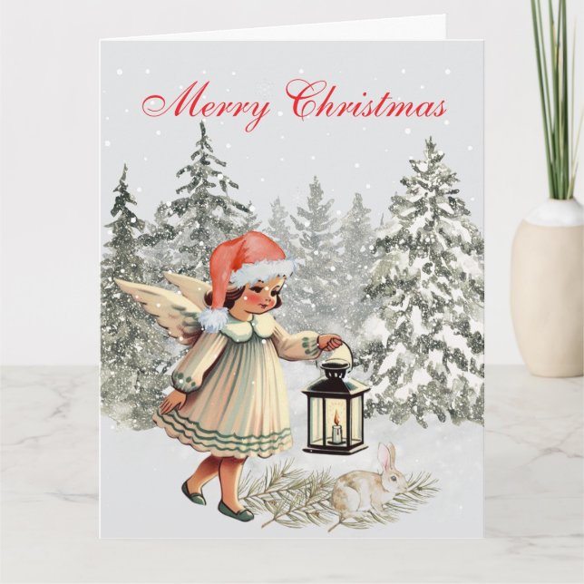 Cartão Anjo e Coelho de Natal Vintage (Frente)