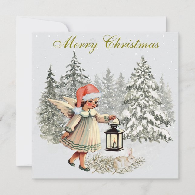 Cartão Anjo e Coelho de Natal Vintage (Frente)