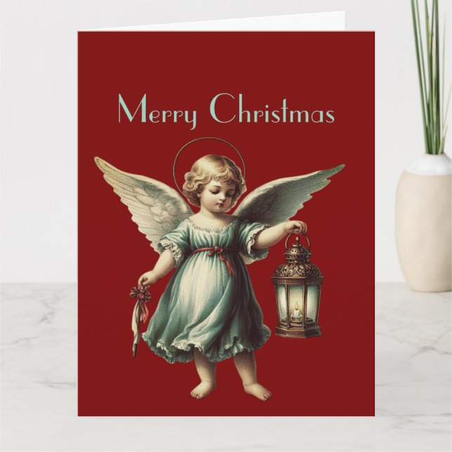 Cartão Anjo e Lanterna de Natal Vintage (Frente)