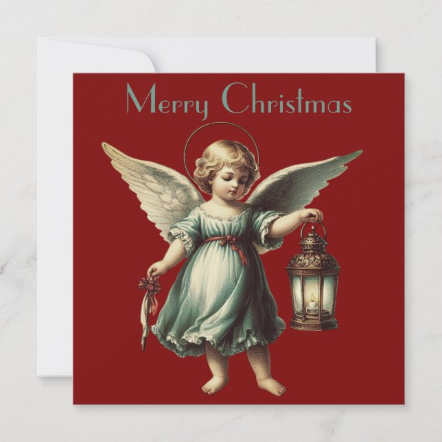 Cartão Anjo e Lanterna de Natal Vintage (Frente)
