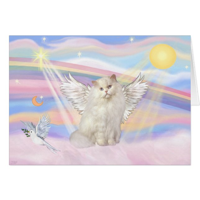 Cartão Anjo Gato Pérsico Branco em Nuvens (Frente Horizontal)