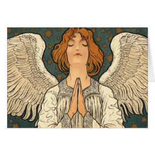 Cartão Anjo Religioso Antigo Rezando com Estrelas Dourada