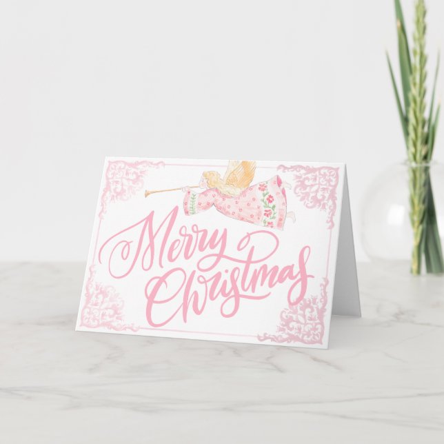 Cartão Anjo Rosa Pastel Feliz Natal (Frente)