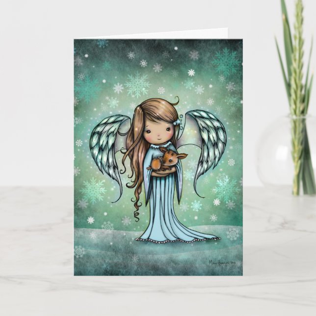 Cartão Anjo segurando Fawn Natal (Frente)