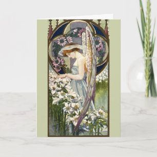 Cartão Anjo Vitoriano e Flores de Lírio de Páscoa Vintage