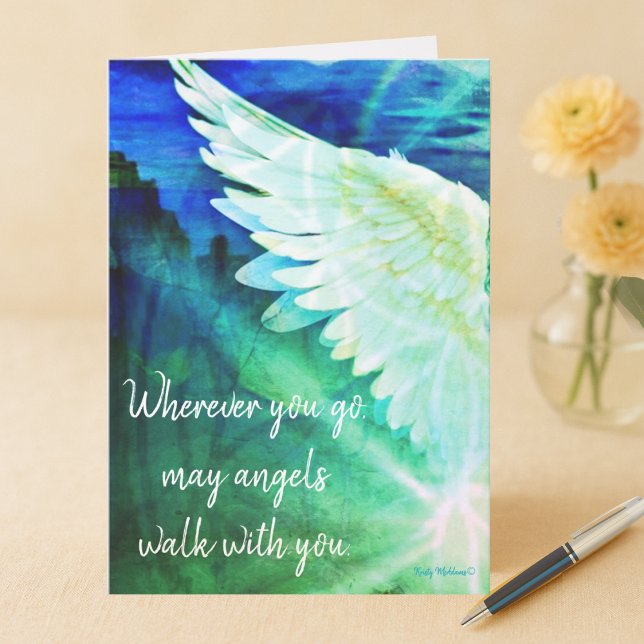 Cartão Anjos Andam Com Você Anjo da Guarda Asa Azul Nota (Angel note card blue green wing Wherever you go may angels walk with you quote art Kristy McAdams)