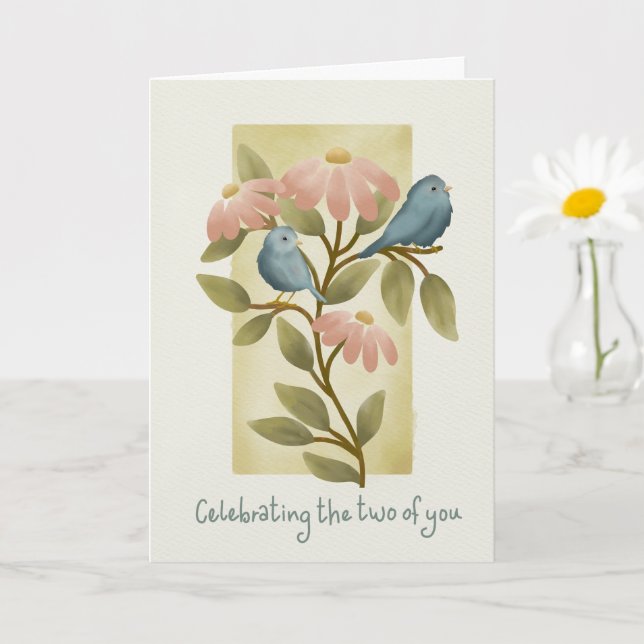 Cartão Anniversary Watercolor Blue Birds and Flowers  (Planta pequena)