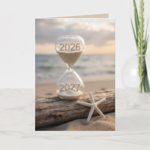 Cartão Ano Novo 2027 Relógio de Areia da Praia