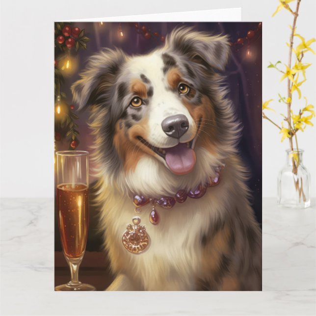 Cartão Ano Novo do Australian Shepherd  (Flor Amarela)