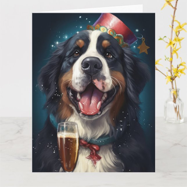 Cartão Ano Novo do Cão Montanhês Bernês (Flor Amarela)