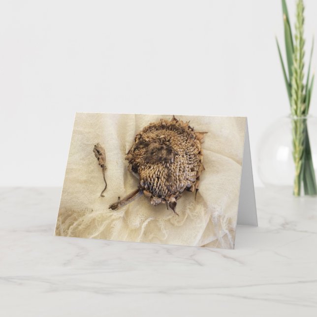 Cartão "Ano Passado" Cabeça Seca de Girassol no Tecido (Frente)