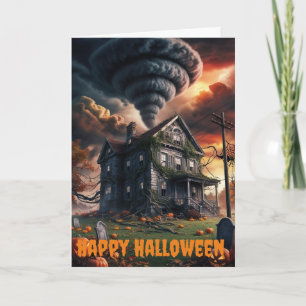 Cartão antiga casa em tornado, temático halloween