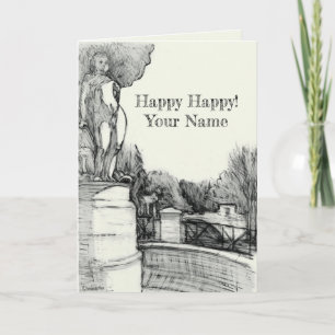 Cartão Antiga fonte no parque com o menino da escultura