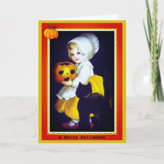 Cartão Antigo de Halloween de Menina e Gato Preto