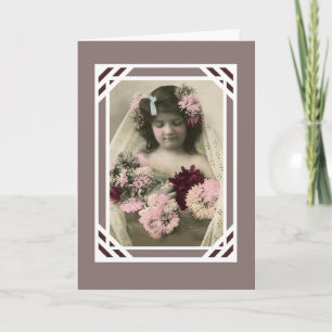 Cartão Antigo Menina Com Flores