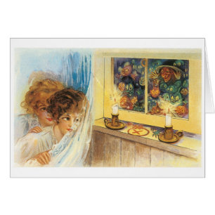 Cartão Antiquado Halloween, Meninas conhecem Bruxa