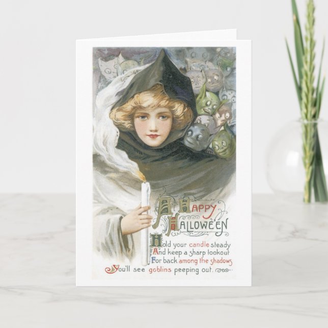 Cartão Antiquado Halloween, Meninas conhecem Goblins (Frente)