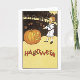 Cartão Antiquado Halloween, Menino encontra Jack-o-lanter