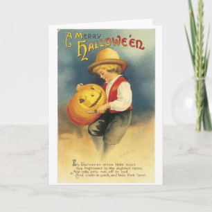 Cartão Antiquado Halloween, Menino faz Jack-o-lanterno