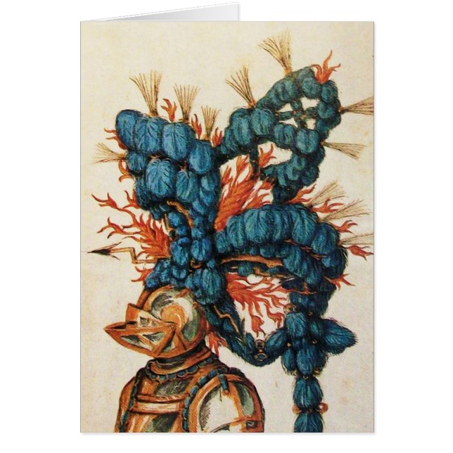 CARTÃO ANTIQUE KNIGHT HELMET COM PENAS AZUIS VERMELHAS (Frente)