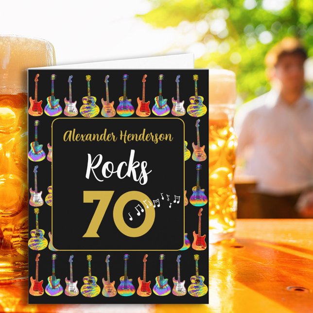 Cartão Apelido Rock and Roll Guitar de 70 aniversário (70th birthday rock and roll guitar personalized rocks 70 black and gold greeting card)