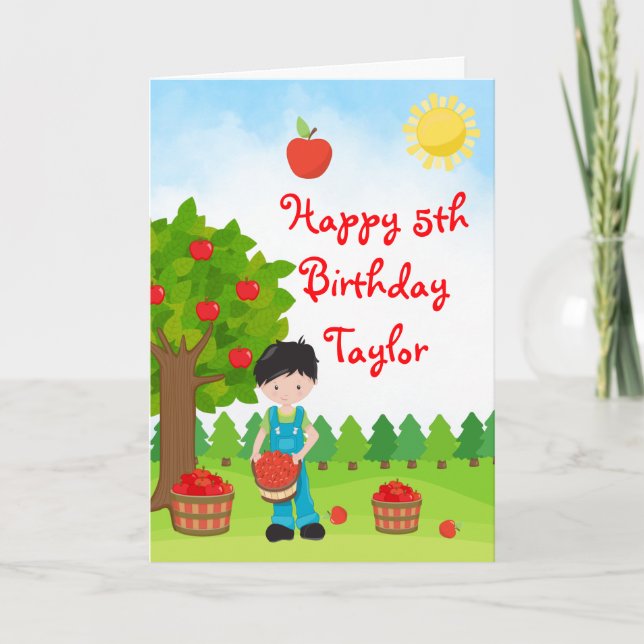 Cartão Apple Picting Black Hair Boy Happy Birthday Card (Frente)