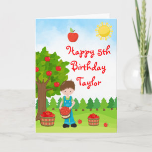 Cartão Apple Picting Brown Hair Boy Happy Birthday Card