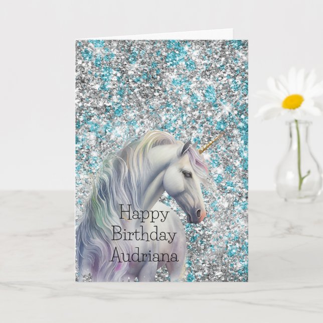 Cartão Aqua Silver Unicorn Glitter Sparkle Birthday (Planta pequena)