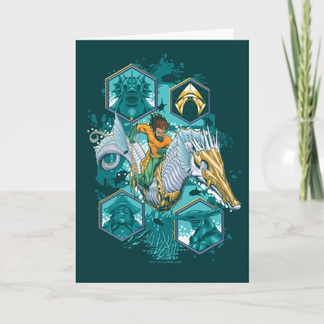 Cartão Aquaman Riding Seacavalo através dos reinos (Frente)