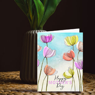 Cartão Aquarela Artística e Tulipas a Tinta do Dia das Mã