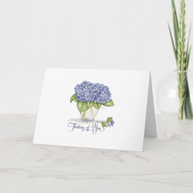 Cartão Aquarela Azul Hydrangea Flores Pensando em você (Frente)