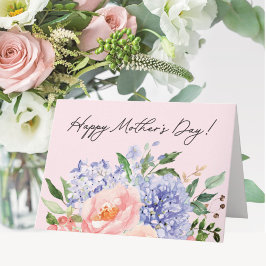 Cartão Aquarela Azul Rosa Floral Feliz Dia das Mães