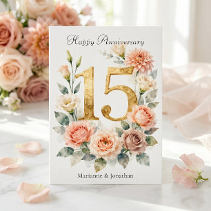 Cartão Aquarela Beijo Floral Dourado 15º Aniversário