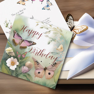 Cartão Aquarela Borboleta e Flores de Primavera Aniversár