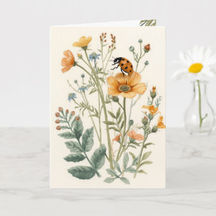 Cartão Aquarela Botânica de Flores Silvestres e Joaninha 