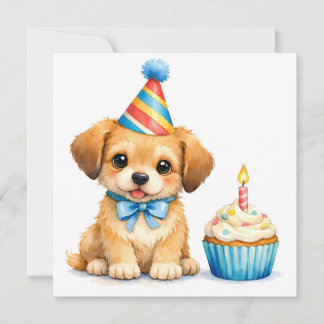 Cartão Aquarela Cachorrinho Fofo com Bolo de Aniversário 