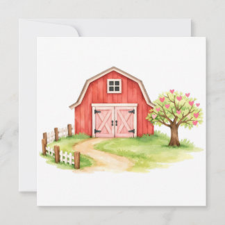 Cartão Aquarela Celeiro Rústico Vermelho País