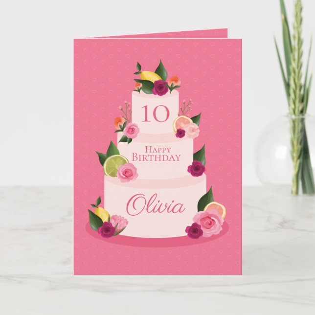 Cartão Aquarela Citus Floral 3 Camada Bolo de Aniversário (Frente)