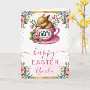 Cartão Aquarela Coelho Flores da Primavera Feliz Páscoa