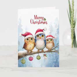 Cartão Aquarela Corujas Fofas Natal Caprichoso Dobrado