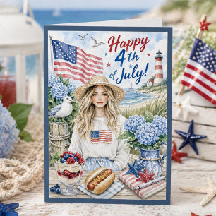Cartão Aquarela Costeira Patriótica Feliz 4 de Julho