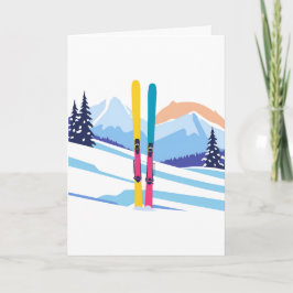Cartão Aquarela de Inverno na Montanha de Esqui
