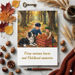 Cartão Aquarela de Outono Crianças & Border Collie Nostál