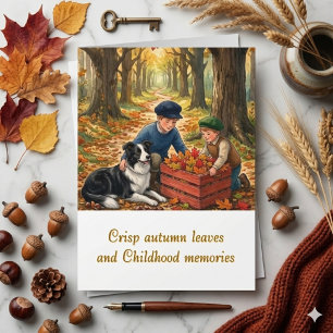 Cartão Aquarela de Outono Crianças & Border Collie Nostál