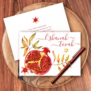 Cartão Aquarela de Romã Vermelho Dourado de Rosh Hashanah