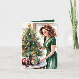 Cartão Aquarela de uma Mulher Decorando o Natal